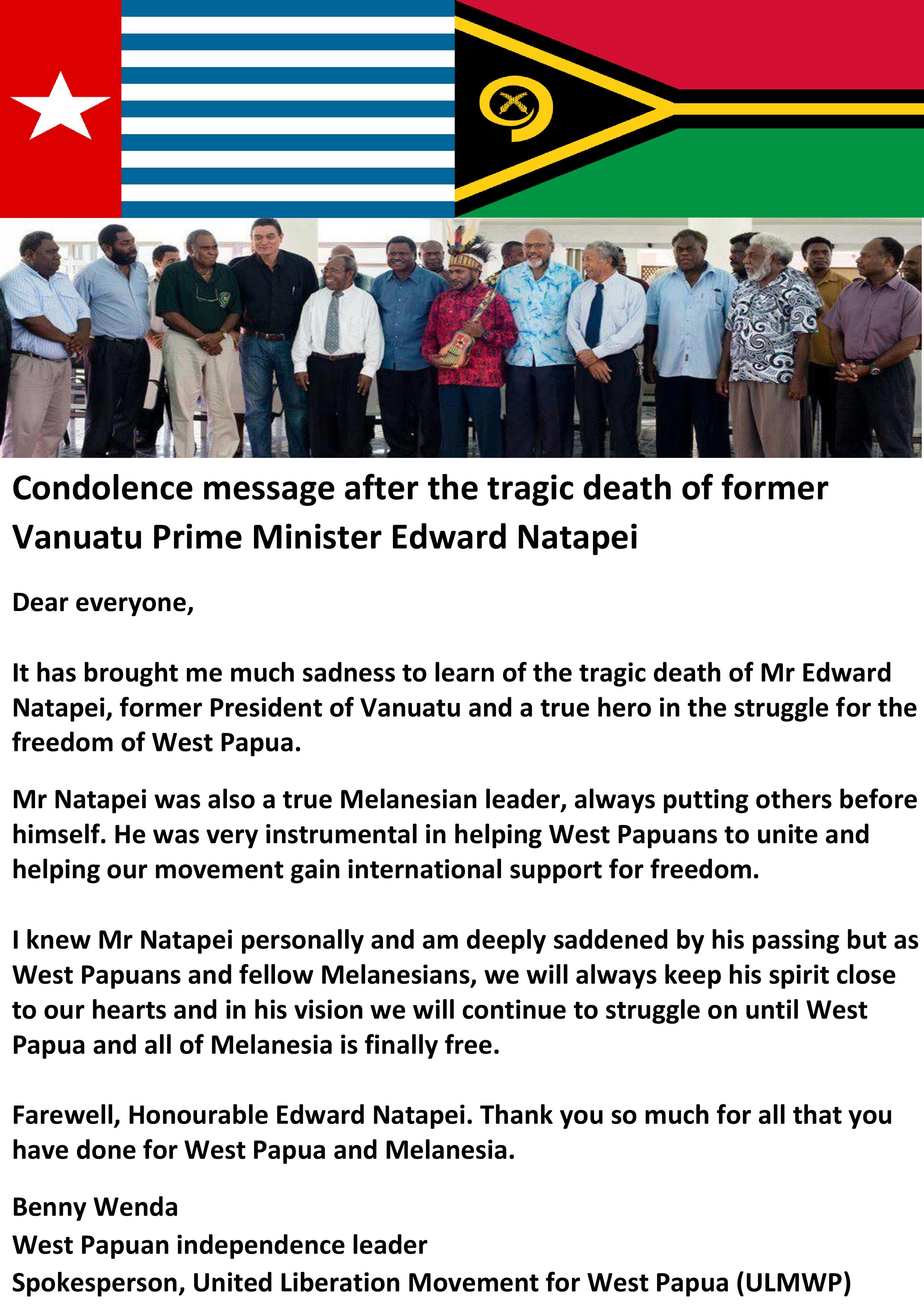 Letter of condolence after the death of former Prime Minister of Vanuatu, Edward Natapei