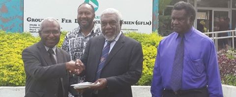 Photo: Hon. Charlot Salwai (at the back) with ULMWP Secretary General Oktovianus Mote handing over cyclone relief funds raised by West Papuans to former Vanuatu Prime Minister Joe Natuman