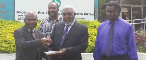 Photo: Hon. Charlot Salwai (at the back) with ULMWP Secretary General Oktovianus Mote handing over cyclone relief funds raised by West Papuans to former Vanuatu Prime Minister Joe Natuman 