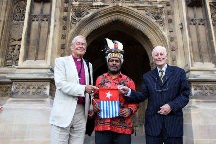 Benny Wenda (centre) meeting with Lord Avebury (right) and Lord Harries (right) at parliament